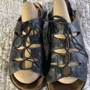 Wolky Black Leather Lace-Up Cutout Sandals